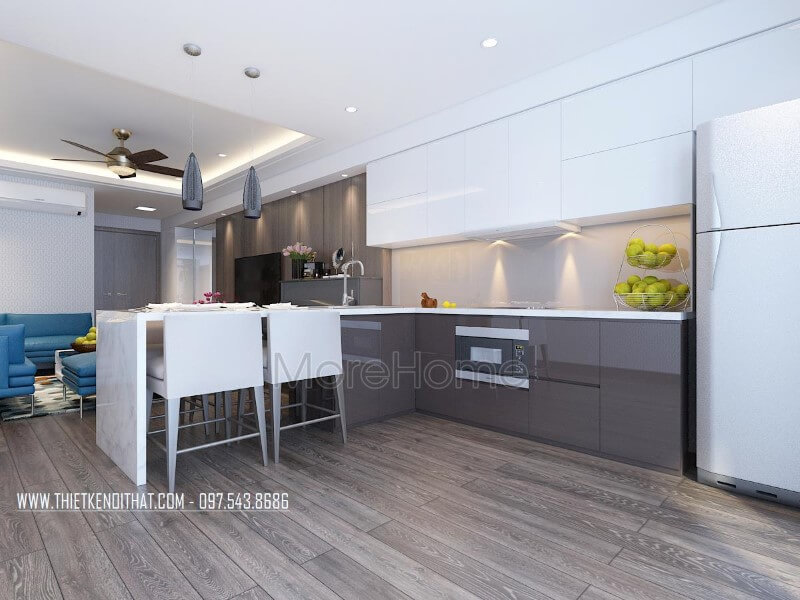 Phòng bếp tinh tế gây ấn tượng với gia chủ bởi đá ốp bếp màu trắng vân mây màu trắng tinh tế