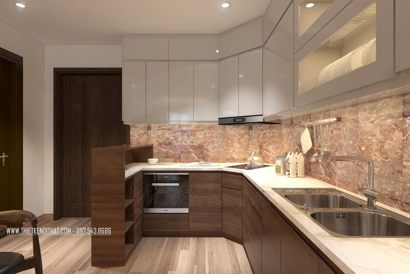 Trang trí nội thất phòng bếp chung cư sang trọng và tiện nghi hơn với đá ốp mặt bếp màu trắng