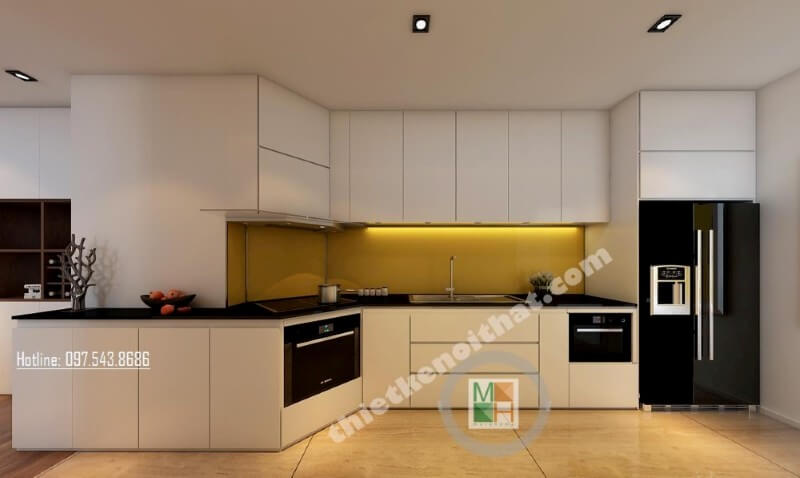 Trang trí nội thất phòng bếp chung cư sang trọng với đá ốp bếp màu đen