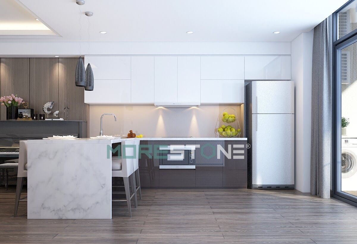 Gợi ý thiết kế đá bếp kết hợp bàn ăn bằng chất liệu đá nhân tạo, tận dụng diện tích tối đa