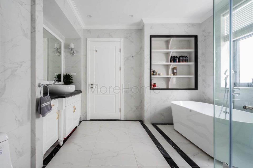 Đá ốp tường vân mây màu trắng cho không gian phòng tắm rộng hơn - sang hơn đá ốp tường phòng tắm