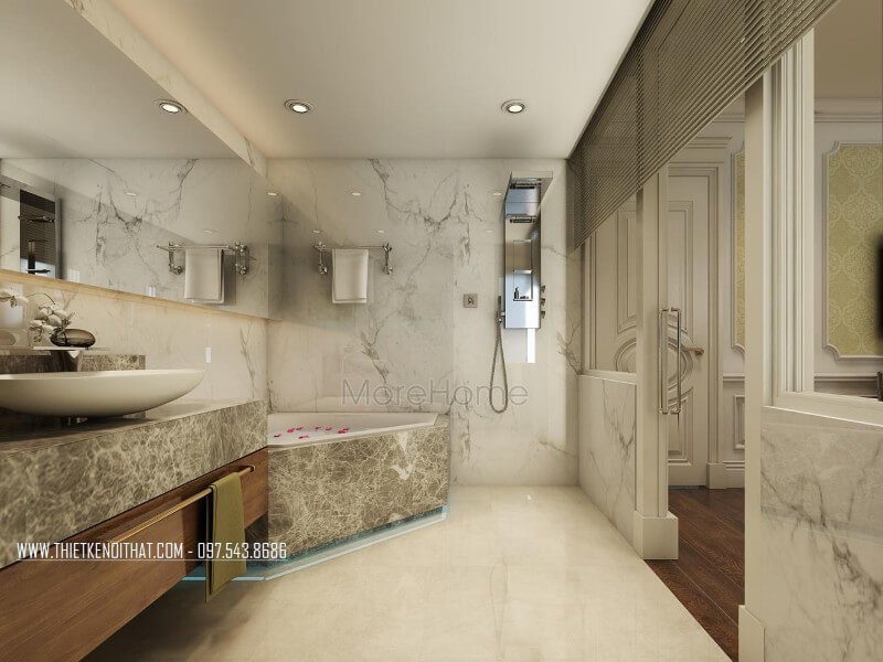 Đá ốp tường vân mây cao cấp nổi bật lên không gian phòng tắm sang trọng, sạch sẽ và tinh tế