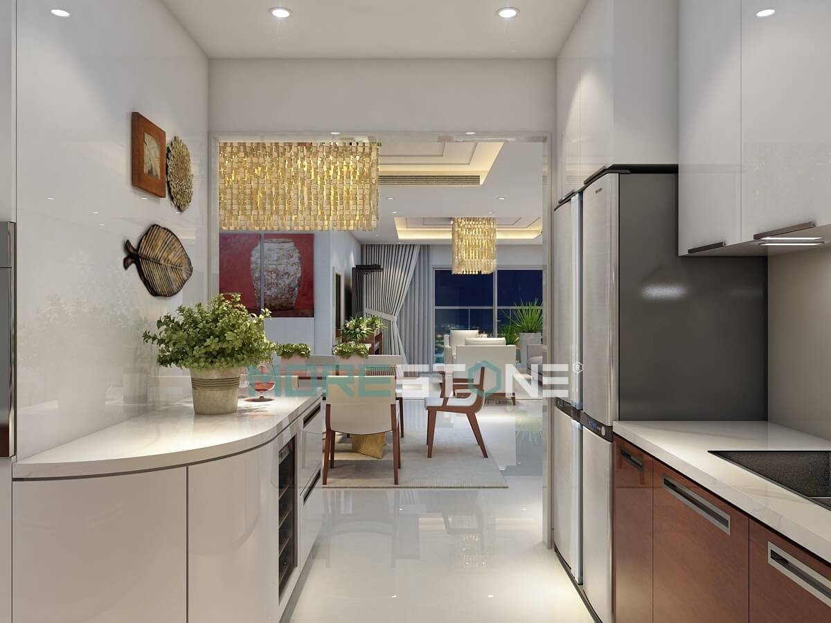 Đơn giản nhưng tạo ra sự độc đáo với thiết kế ốp bêp tông màu trắng trơn làm cho không gian trở nên rộng rãi và dễ dàng vệ sinh Đá nhân tạo solid surface