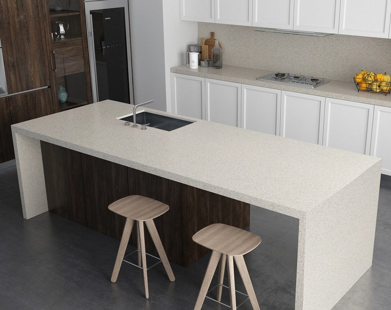 Đá ốp đảo bếp đá nhân tạo khả năng chống chịu lực nhiệt cao, chống nước tốt, vượt trội với khả năng uốn cong không để lại vết nối mang tới một mặt phẳng đồng nhất đem tới tính năng sử dụng và tính thẩm mỹ cao. Thi công đá bếp Hi-Macs LG