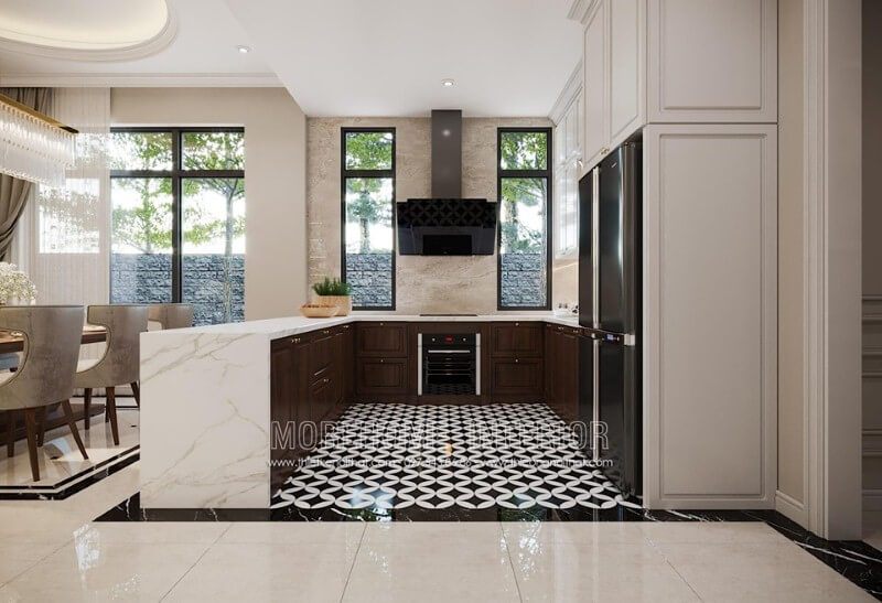 Gạch bông hoa văn đen trắng có kiểu dáng cổ điển, đẹp mắt và sang trọng, phù hợp với phòng bếp hiện đại.