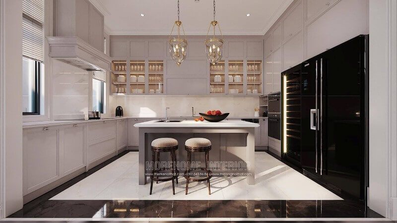 Mẫu tủ bếp hiện đại với kiểu dáng đẹp mắt và sang trọng được đề xuất cho nhà biệt thự ở Hà Nội.