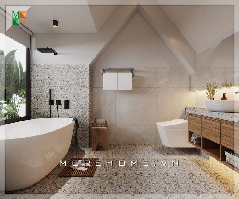 Mẫu đá ốp tường và đá lát sàn nhà tắm cùng tone tạo nên một không gian hiện đại và tiện nghi.