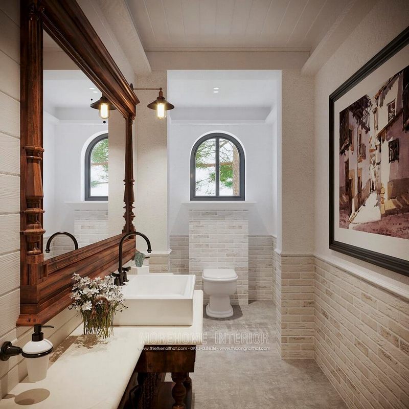 Gương treo tường hình chữ nhật có thiết kế theo phong cách địa trung hải và làm bằng gỗ.