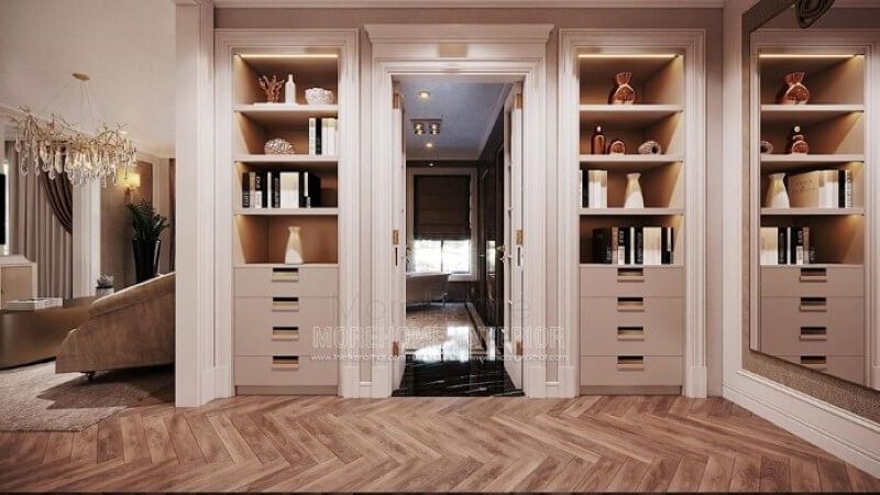 Thiết kế nội thất phòng ngủ master để có được một không gian đẹp, độc đáo với nhiều tủ, kệ đựng đồ, ngăn đựng và ô đựng hở.