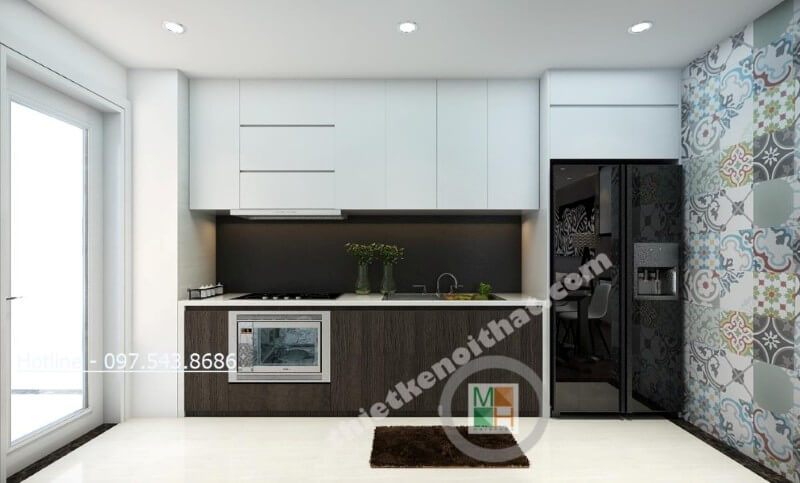 Tủ bếp chung cư gỗ công nghiệp được thiết kế đơn giản nhưng vẫn đảm bảo sự tiện nghi cho người sử dụng.